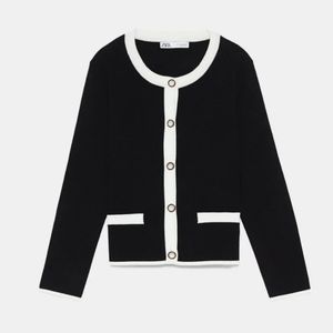 Zara Pearl Button Cardigan Black Sweater White Trim Size Small